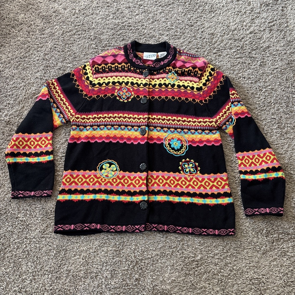 Irvine Park Vintage Womens Large L Embroidered Artsy Sweater Cardigan Cotton